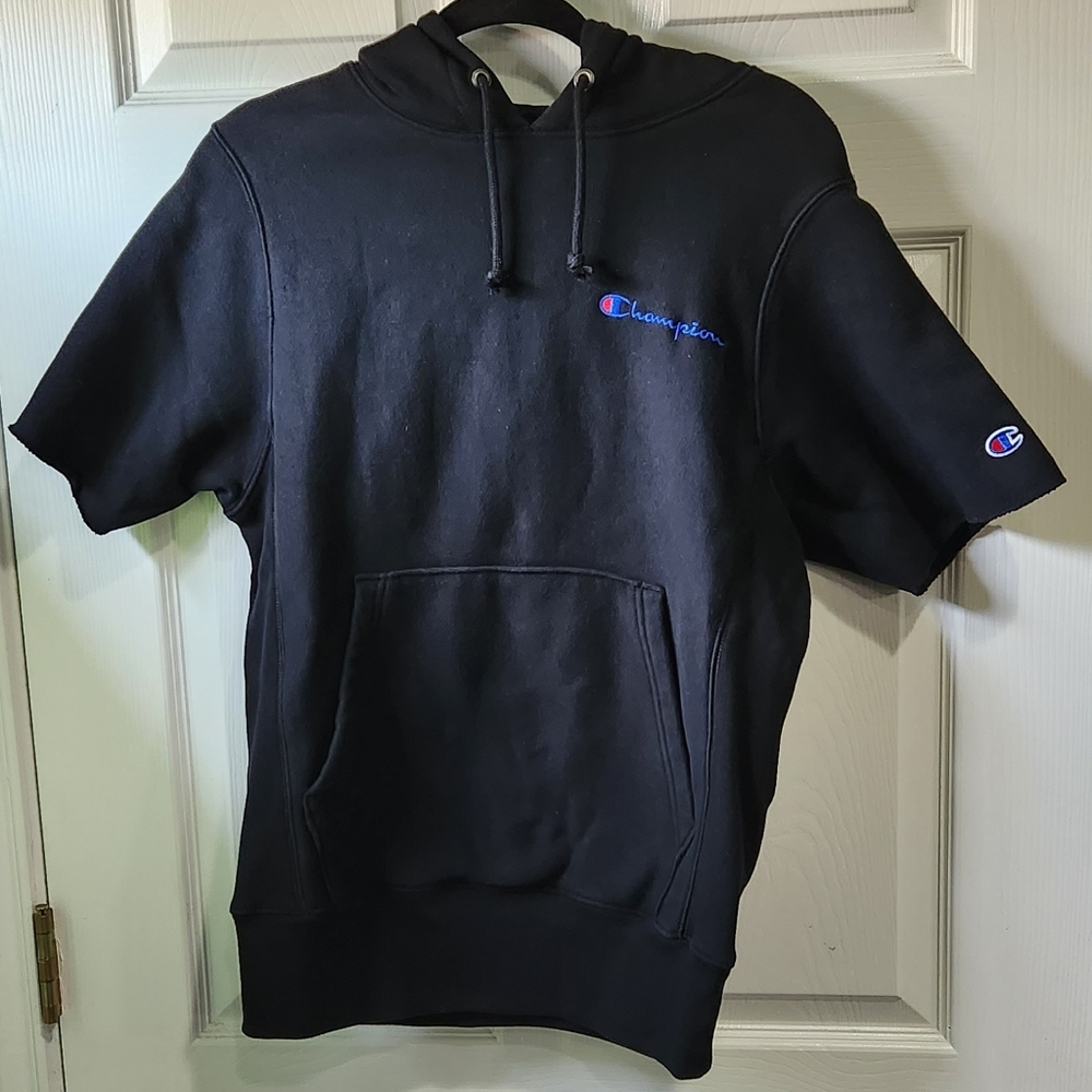 Champion men's black short sleeve reverse Weave hoodie pullover size S